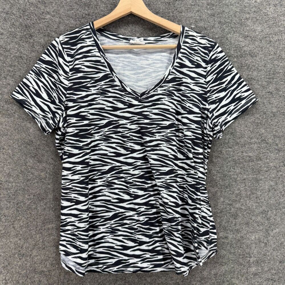 Tribal Jeans T-Shirt Women XL Black Animal Print V-Neck Short Sleeve Casual